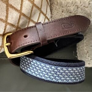 🐳 Mens VINEYARD VINES Silk Canvas & Leather WHALE Design CLUB BELT Size 30
